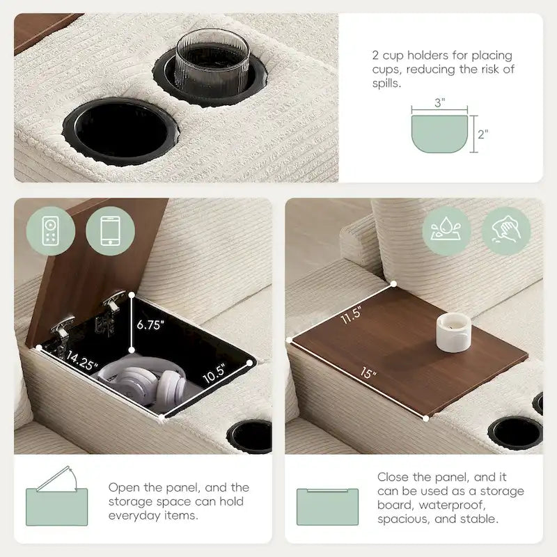 U-förmiges Chenille-Sofa mit Ottomane, Konsole, Getränkehalter, breiter Sitzfläche, USB
