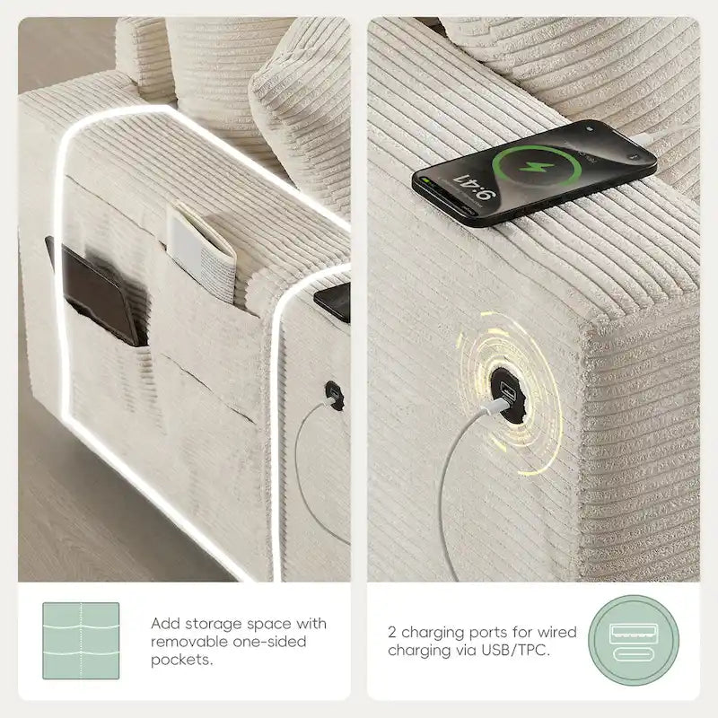 U-förmiges Chenille-Sofa mit Ottomane, Konsole, Getränkehalter, breiter Sitzfläche, USB