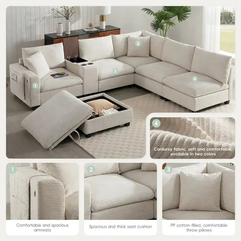 U-förmiges Chenille-Sofa mit Ottomane, Konsole, Getränkehalter, breiter Sitzfläche, USB