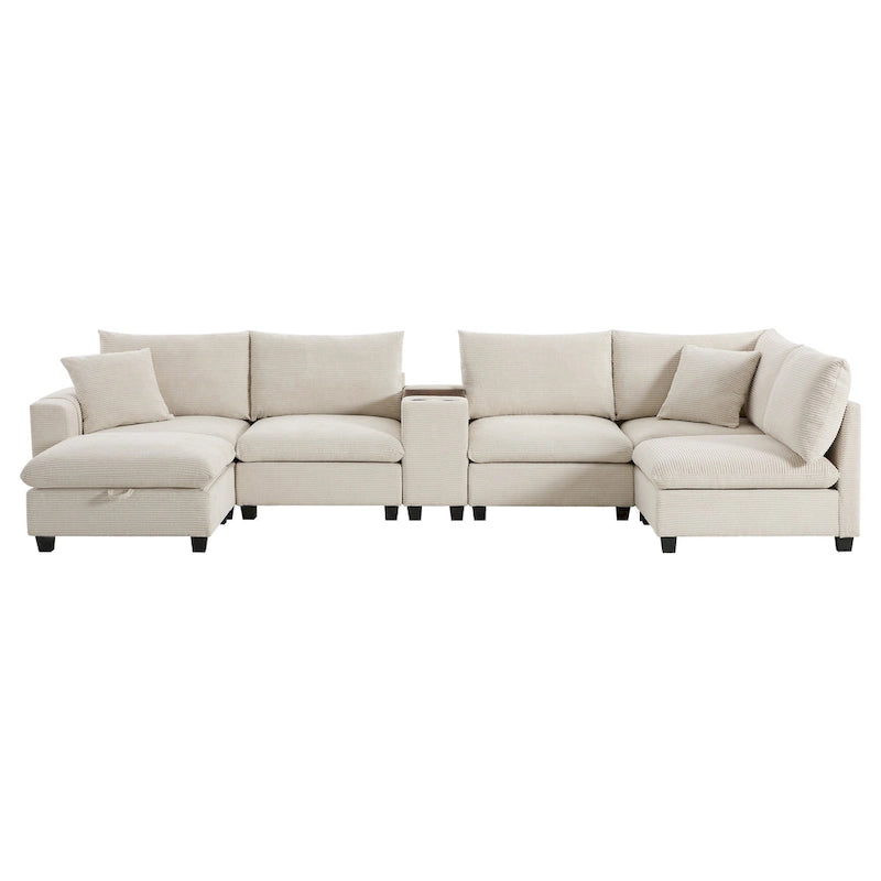 U-förmiges Chenille-Sofa mit Ottomane, Konsole, Getränkehalter, breiter Sitzfläche, USB