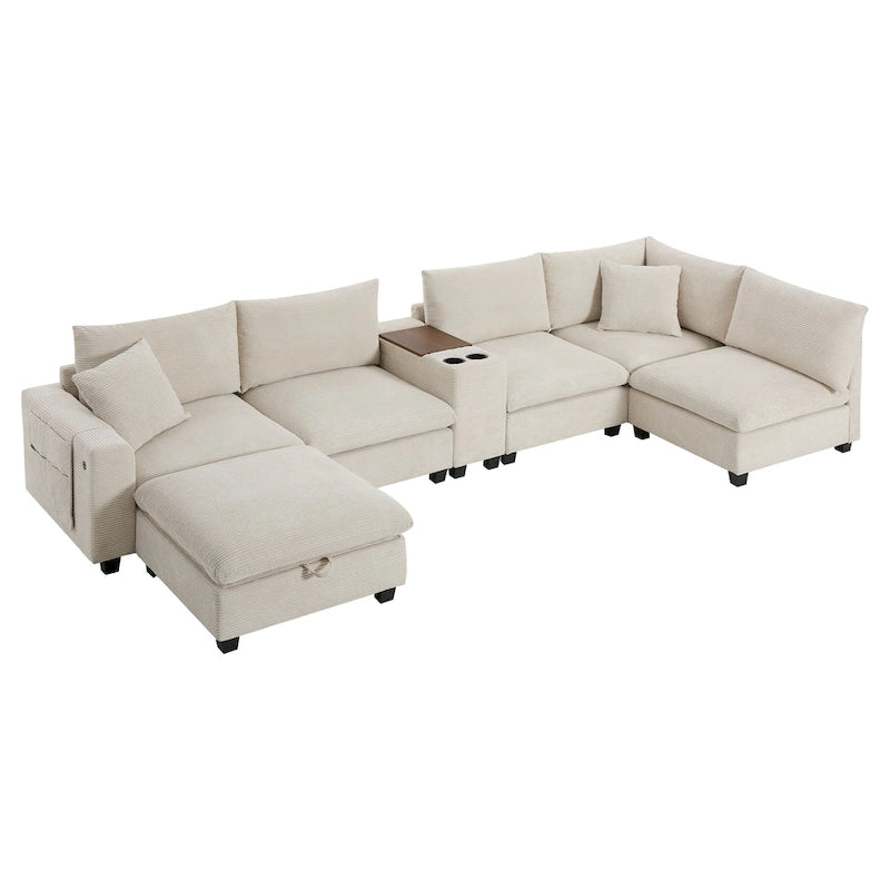 U-förmiges Chenille-Sofa mit Ottomane, Konsole, Getränkehalter, breiter Sitzfläche, USB