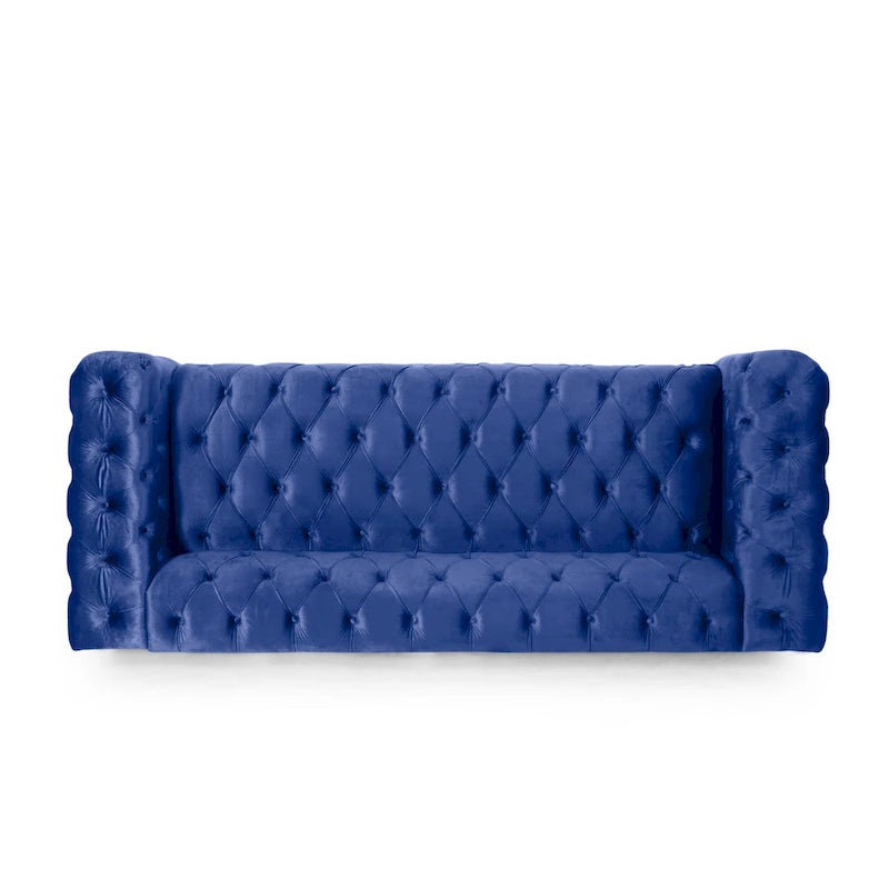 Übergangssofa mit tiefer Knopfheftung – Samt oder Kunstleder