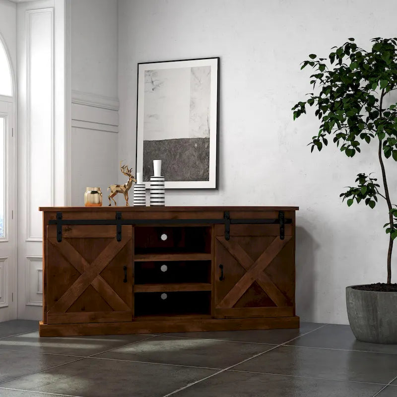 Farmhouse 66" Eck-TV-Ständer für Fernseher bis 80", Aged Whiskey Finish, Kein Aufbau erforderlich
