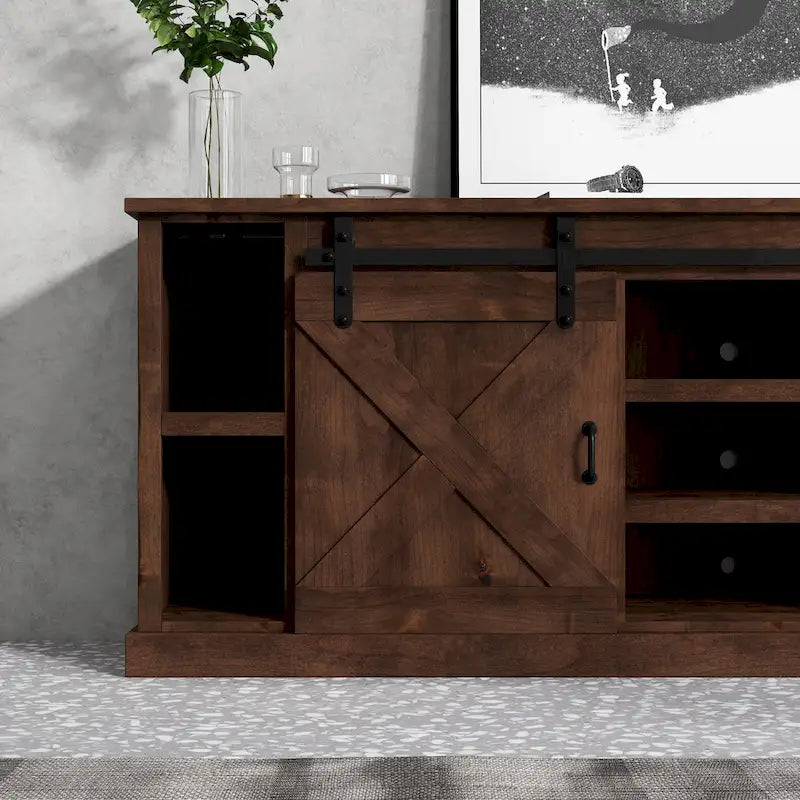 Farmhouse 66" Eck-TV-Ständer für Fernseher bis 80", Aged Whiskey Finish, Kein Aufbau erforderlich