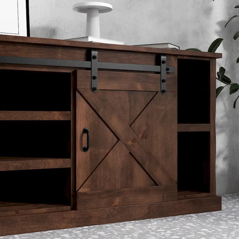 Farmhouse 66" Eck-TV-Ständer für Fernseher bis 80", Aged Whiskey Finish, Kein Aufbau erforderlich