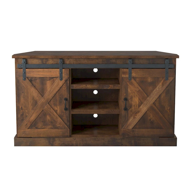 Farmhouse 66" Eck-TV-Ständer für Fernseher bis 80", Aged Whiskey Finish, Kein Aufbau erforderlich