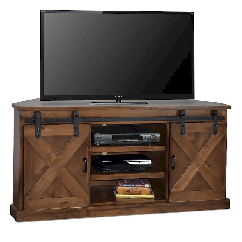 Farmhouse 66" Eck-TV-Ständer für Fernseher bis 80", Aged Whiskey Finish, Kein Aufbau erforderlich