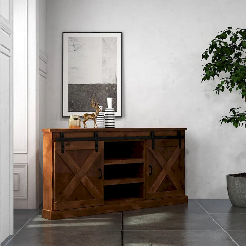 Farmhouse 66" Eck-TV-Ständer für Fernseher bis 80", Aged Whiskey Finish, Kein Aufbau erforderlich