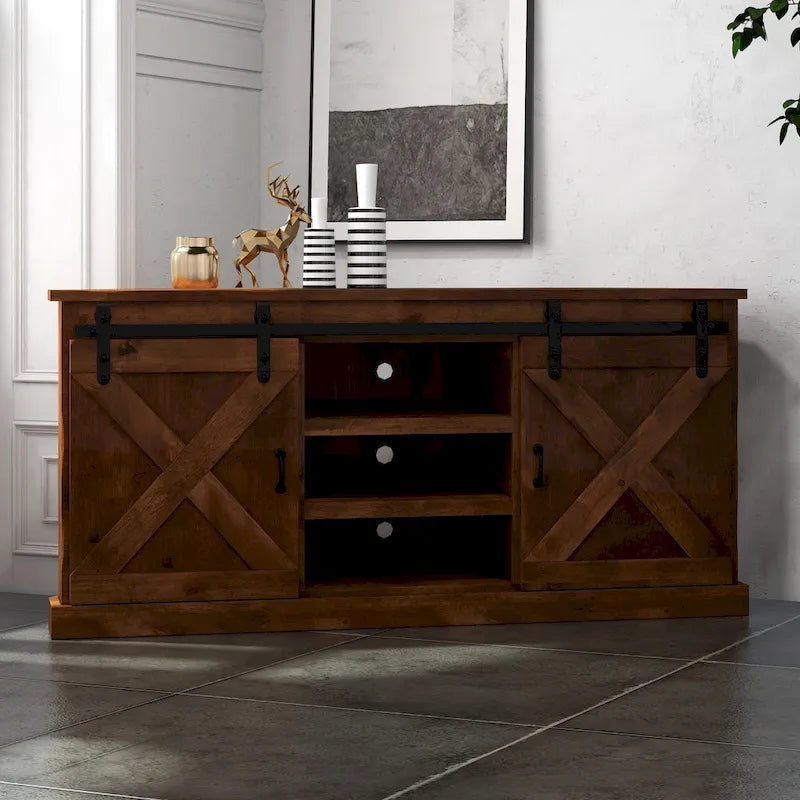 Farmhouse 66" Eck-TV-Ständer für Fernseher bis 80", Aged Whiskey Finish, Kein Aufbau erforderlich
