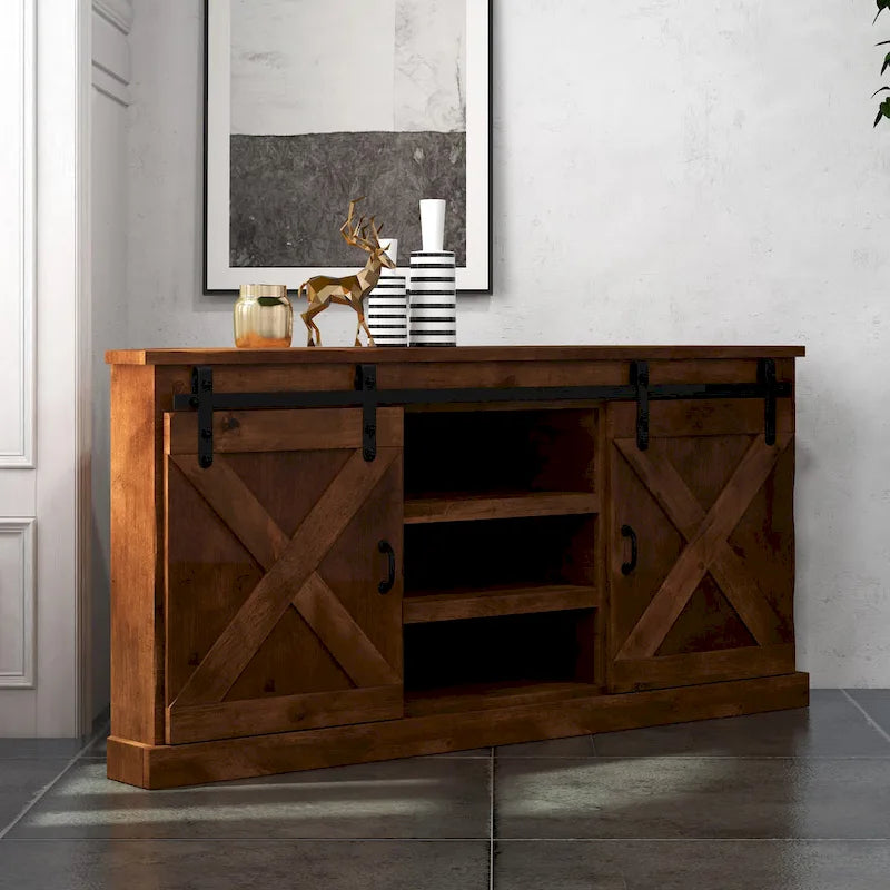Farmhouse 66" Eck-TV-Ständer für Fernseher bis 80", Aged Whiskey Finish, Kein Aufbau erforderlich