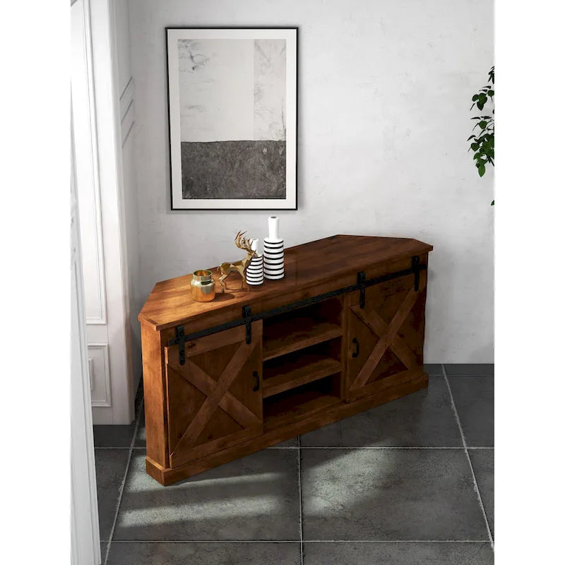 Farmhouse 66" Eck-TV-Ständer für Fernseher bis 80", Aged Whiskey Finish, Kein Aufbau erforderlich