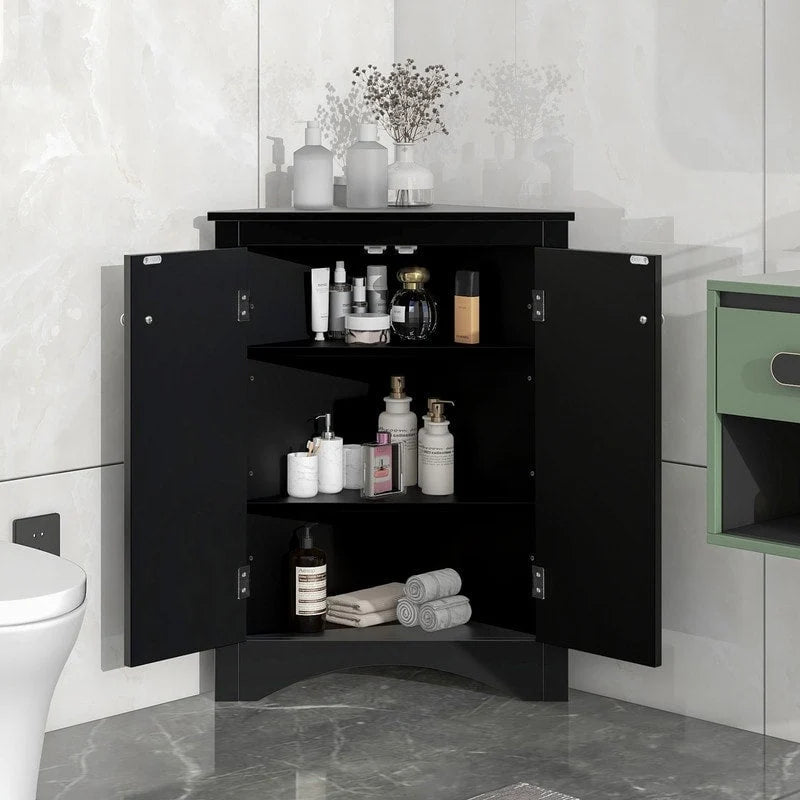Weißer dreieckiger Badezimmerschrank mit verstellbaren Einlegeböden – 17,2B x 17,2T x 31,5H