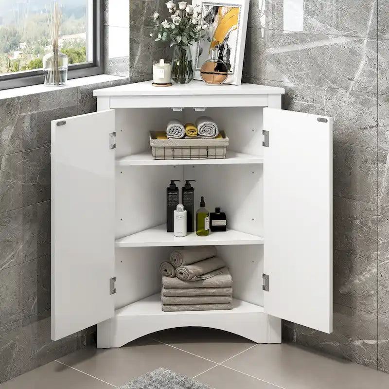 Weißer dreieckiger Badezimmerschrank mit verstellbaren Einlegeböden – 17,2B x 17,2T x 31,5H