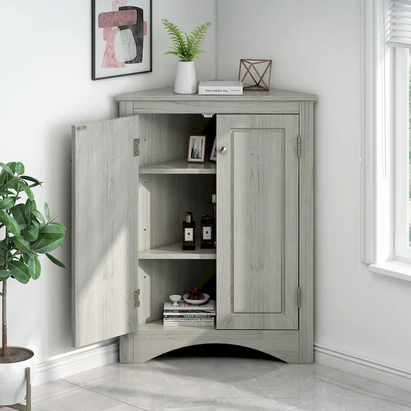 Weißer dreieckiger Badezimmerschrank mit verstellbaren Einlegeböden – 17,2B x 17,2T x 31,5H