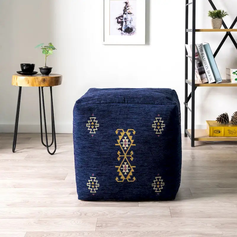 Navy/Senf Traditioneller Damast Pouf aus Polyestermischgewebe