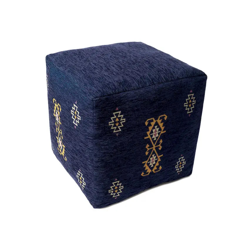 Navy/Senf Traditioneller Damast Pouf aus Polyestermischgewebe