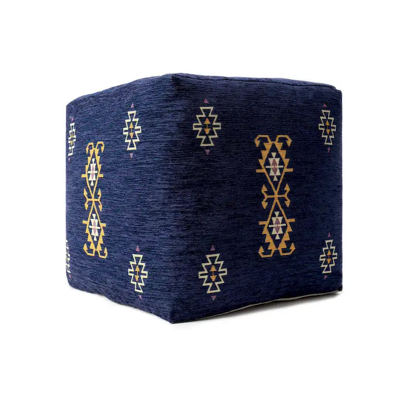 Navy/Senf Traditioneller Damast Pouf aus Polyestermischgewebe
