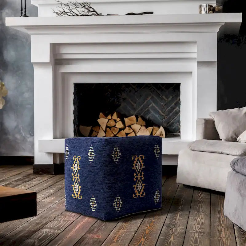Navy/Senf Traditioneller Damast Pouf aus Polyestermischgewebe