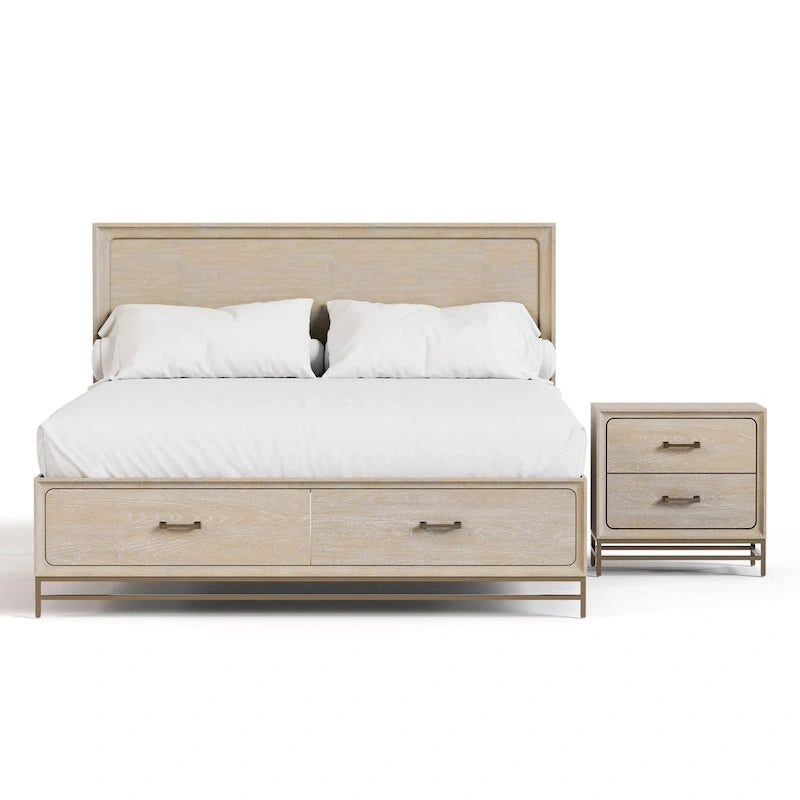 Übergangseiche Massivholz 2-teiliges Bett- und Nachttisch-Schlafzimmer-Set