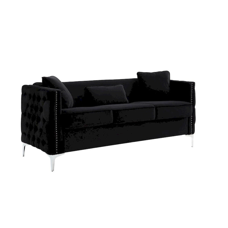 73" Modernes Sofa mit 3 Kissen, getuftetem schwarzem Samt, silberne Beine