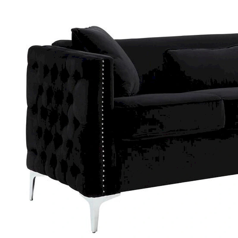 73" Modernes Sofa mit 3 Kissen, getuftetem schwarzem Samt, silberne Beine