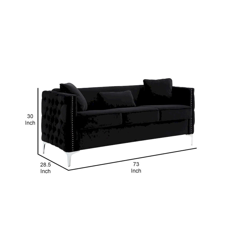 73" Modernes Sofa mit 3 Kissen, getuftetem schwarzem Samt, silberne Beine