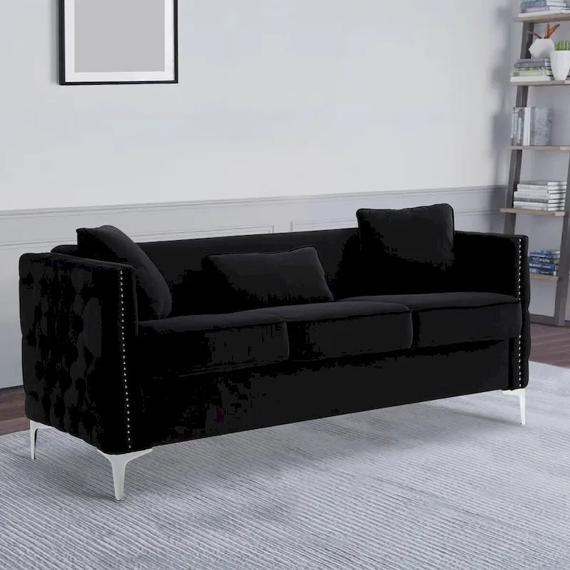 73" Modernes Sofa mit 3 Kissen, getuftetem schwarzem Samt, silberne Beine